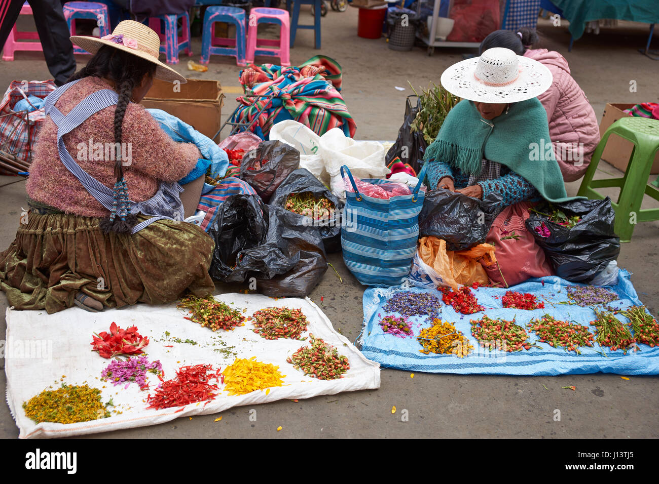 pastel Ejecución Milagroso Mujeres en ropa tradicional de venta de cabezas de flores en un mercado  callejero en la ciudad minera de Oruro, en el altiplano de Bolivia  Fotografía de stock - Alamy