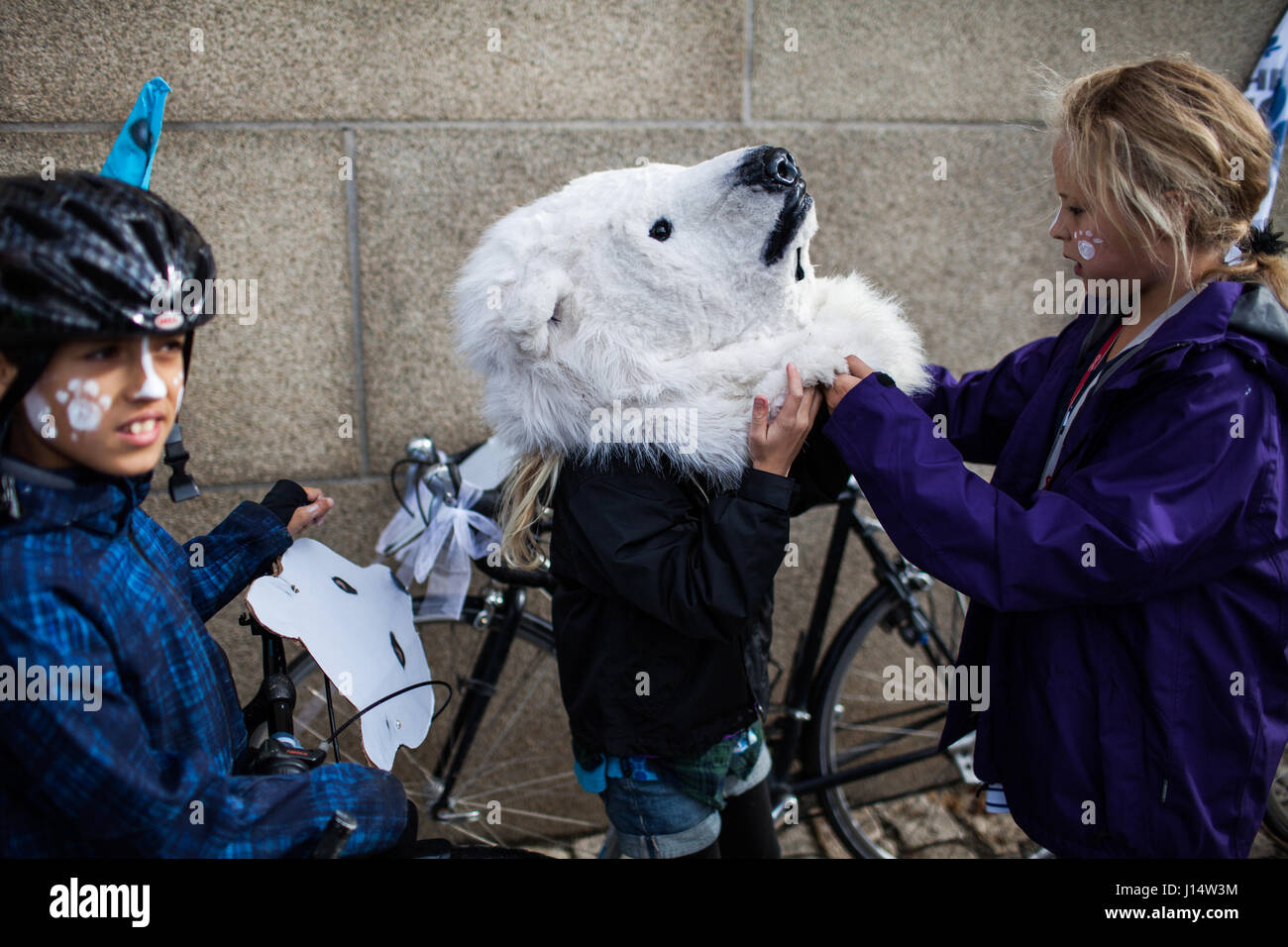 Un joven activista climático está tratando la cabeza de un disfraz de oso  polar en el caso de Greenpeace Ice Ride en Copenhague. Dinamarca,  Copenhague, 15/09 de 2013 Fotografía de stock - Alamy