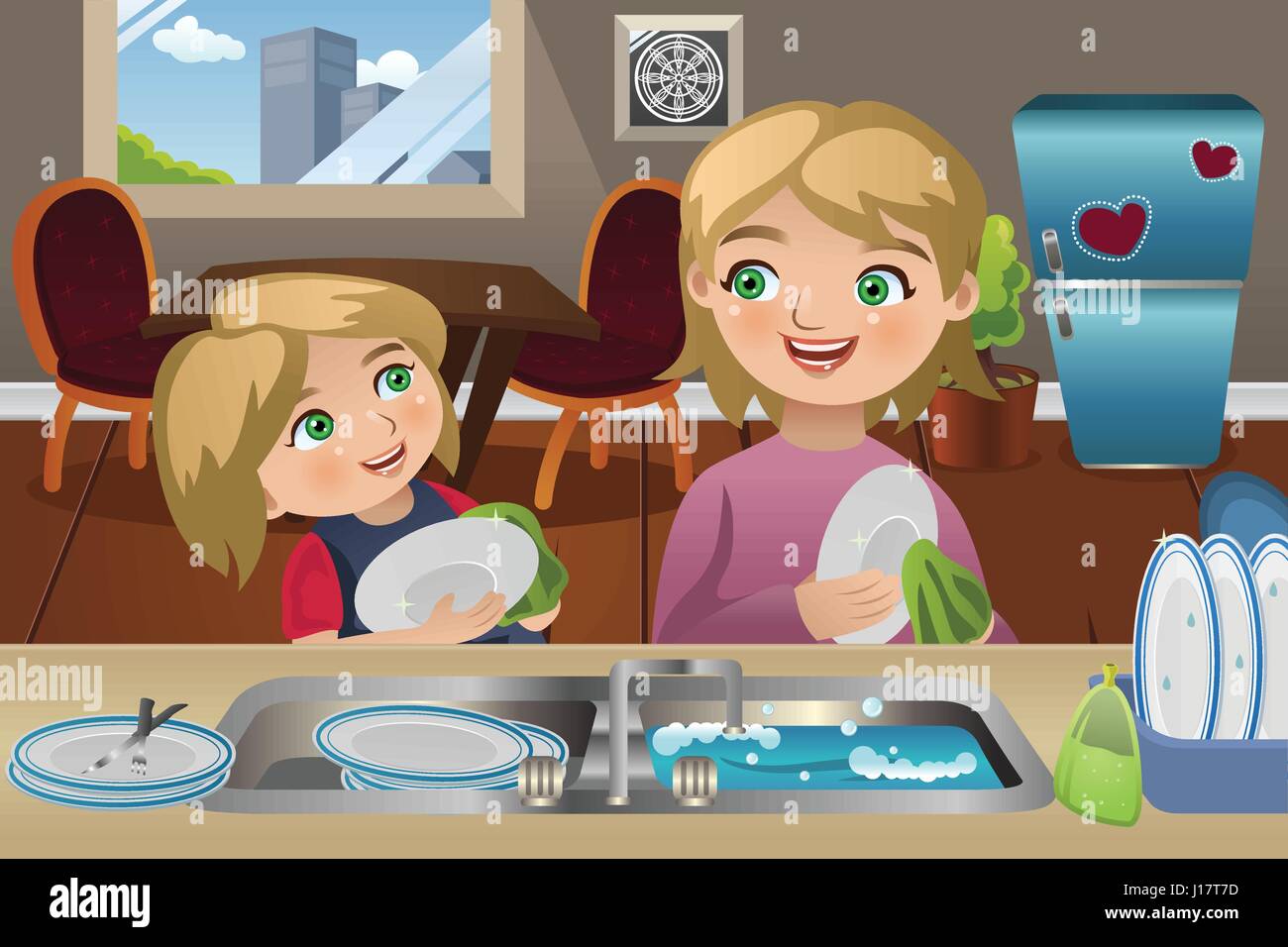 Madre e hija lavando ropa ilustración Imagen Vector de stock - Alamy