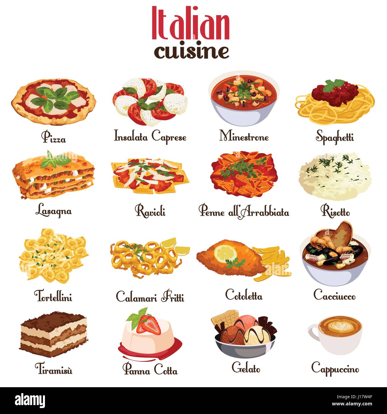 Una ilustración vectorial de la cocina italiana conjuntos de iconos Ilustración del Vector