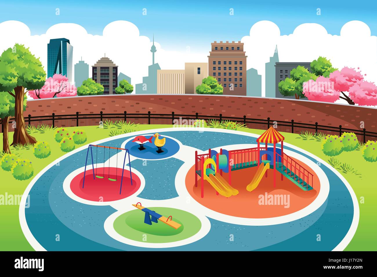 Una ilustración vectorial de patio de recreo en el fondo de la ciudad