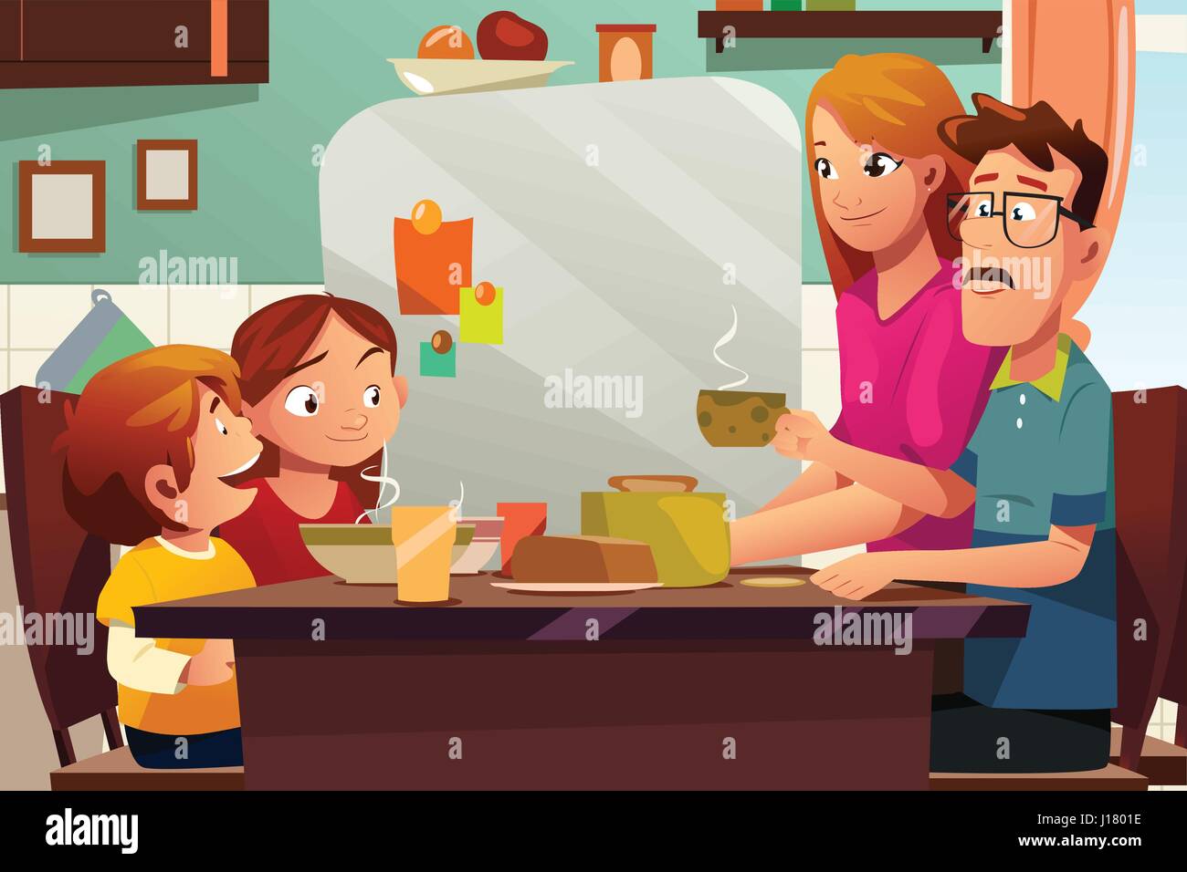 Una ilustración vectorial de la familia cenando juntos en la mesa de comedor Ilustración del Vector