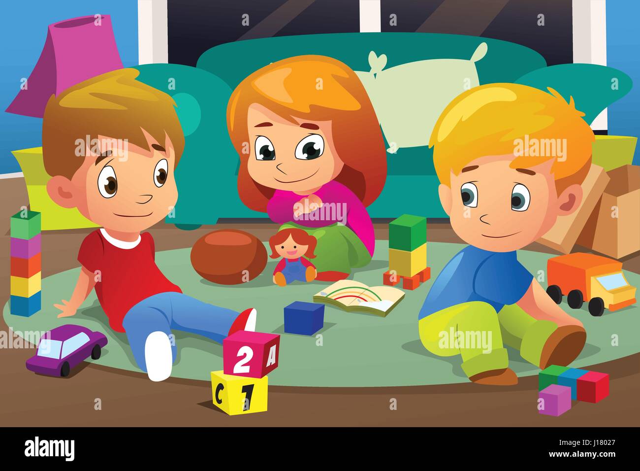 Una ilustración vectorial de niños jugando con sus juguetes en casa Imagen  Vector de stock - Alamy