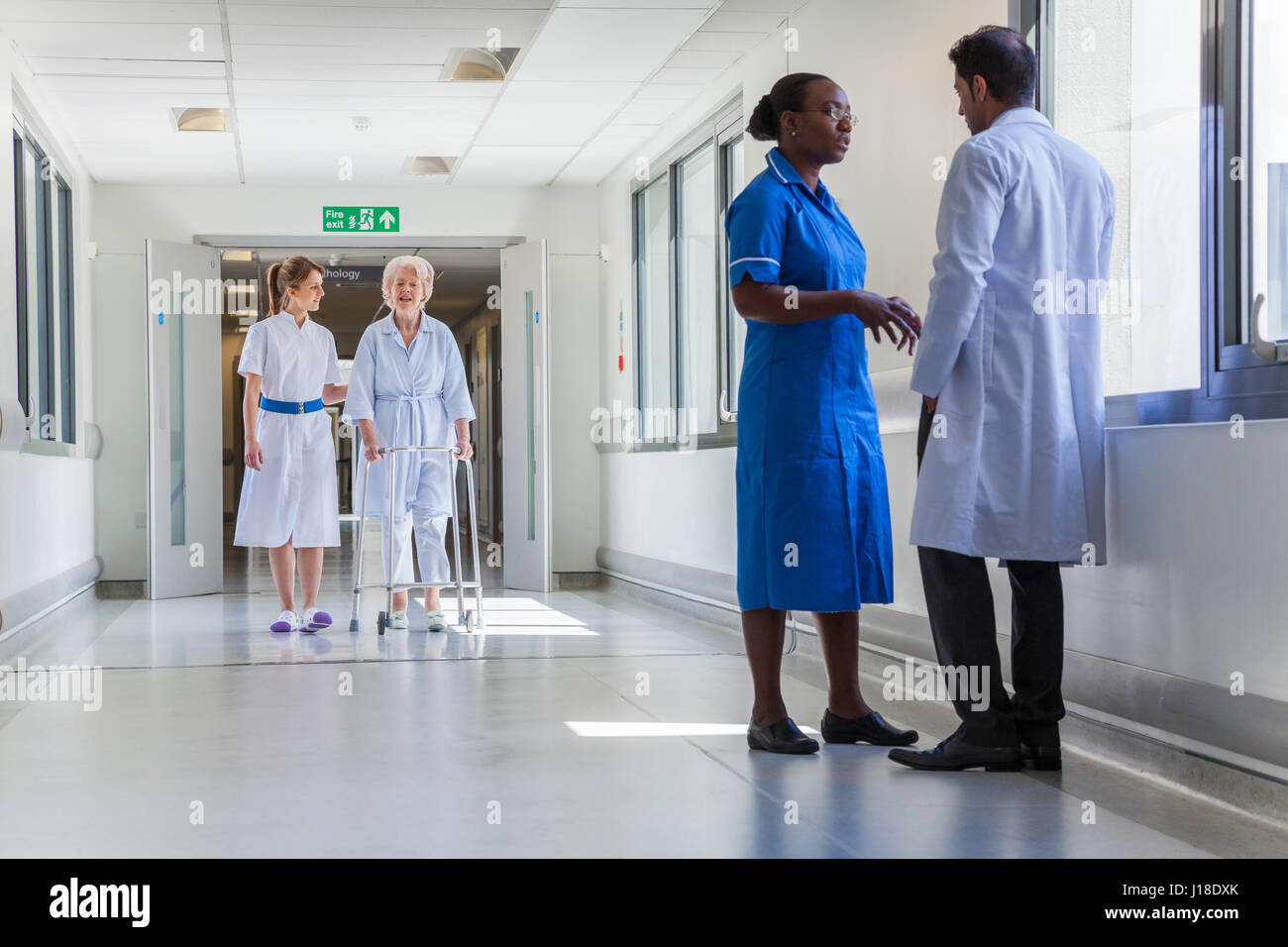Enfermera ayudando a una mujer anciana de pacientes ancianos con poca trama en un corredor de hospital con un médico Foto de stock