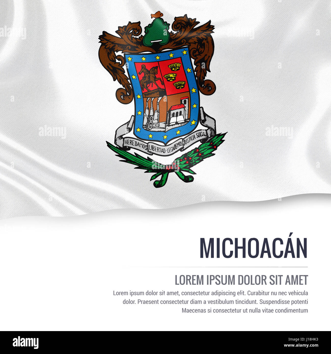 Bandera del estado mexicano de Michoacán ondeando sobre un fondo blanco
