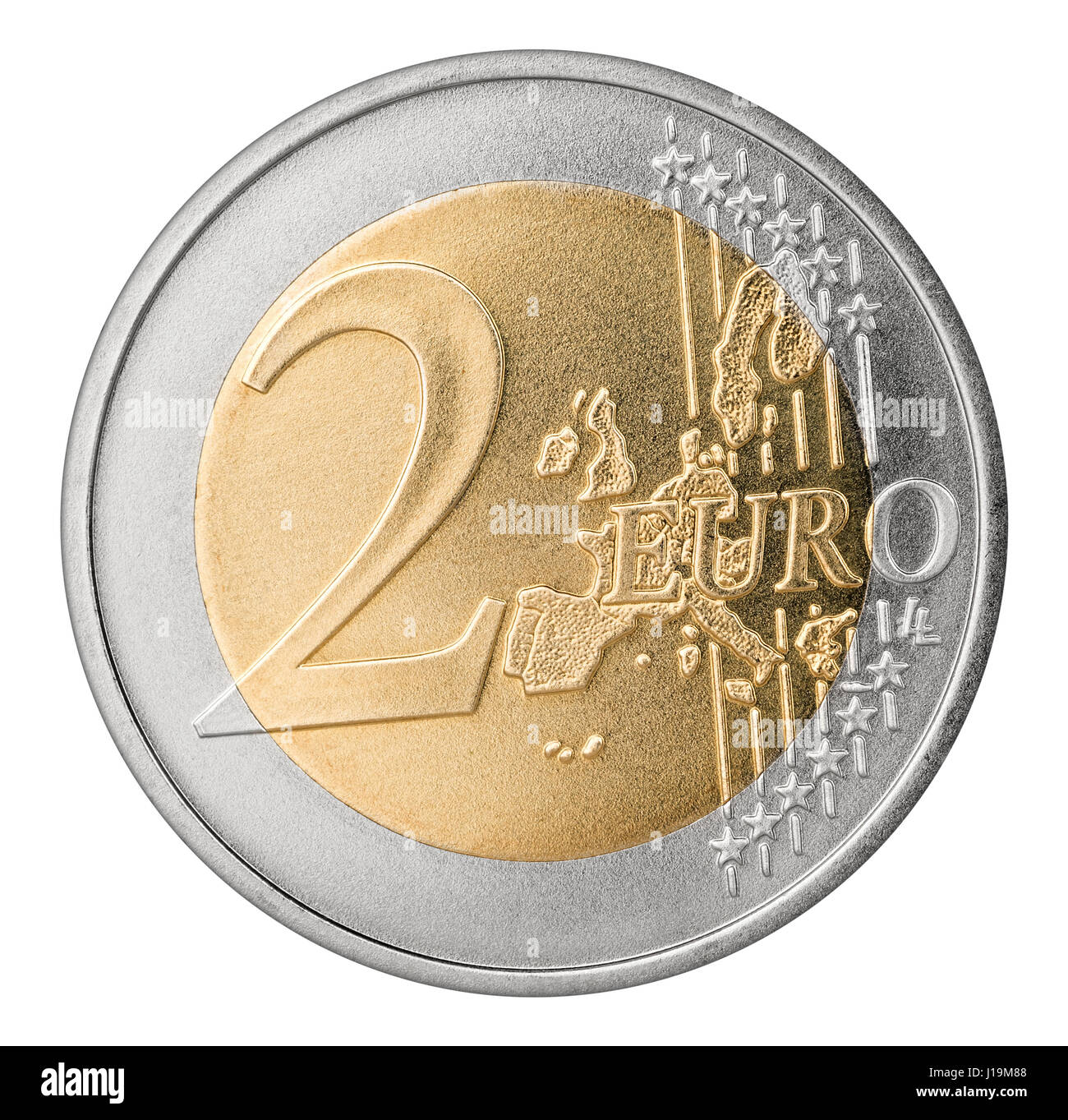 Dos monedas de euro aislado sobre fondo blanco, símbolo de moneda finanzas Foto de stock