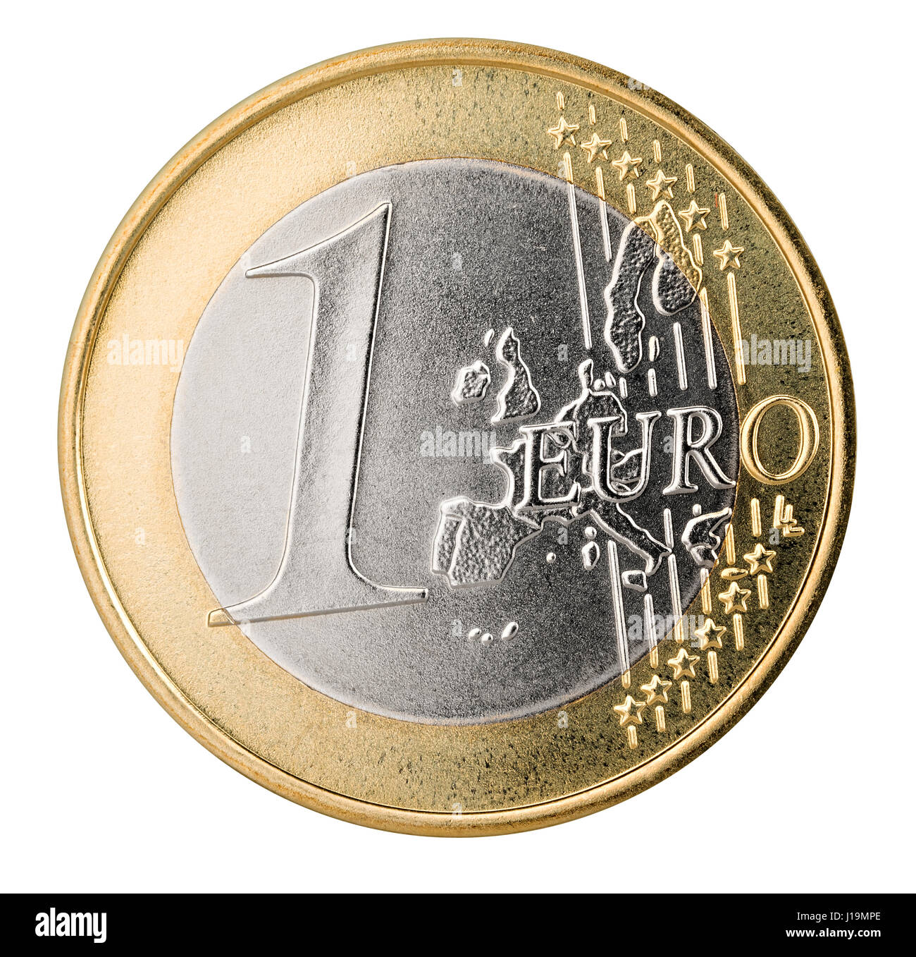 Una moneda de euro aislado sobre fondo blanco, símbolo de moneda finanzas Foto de stock