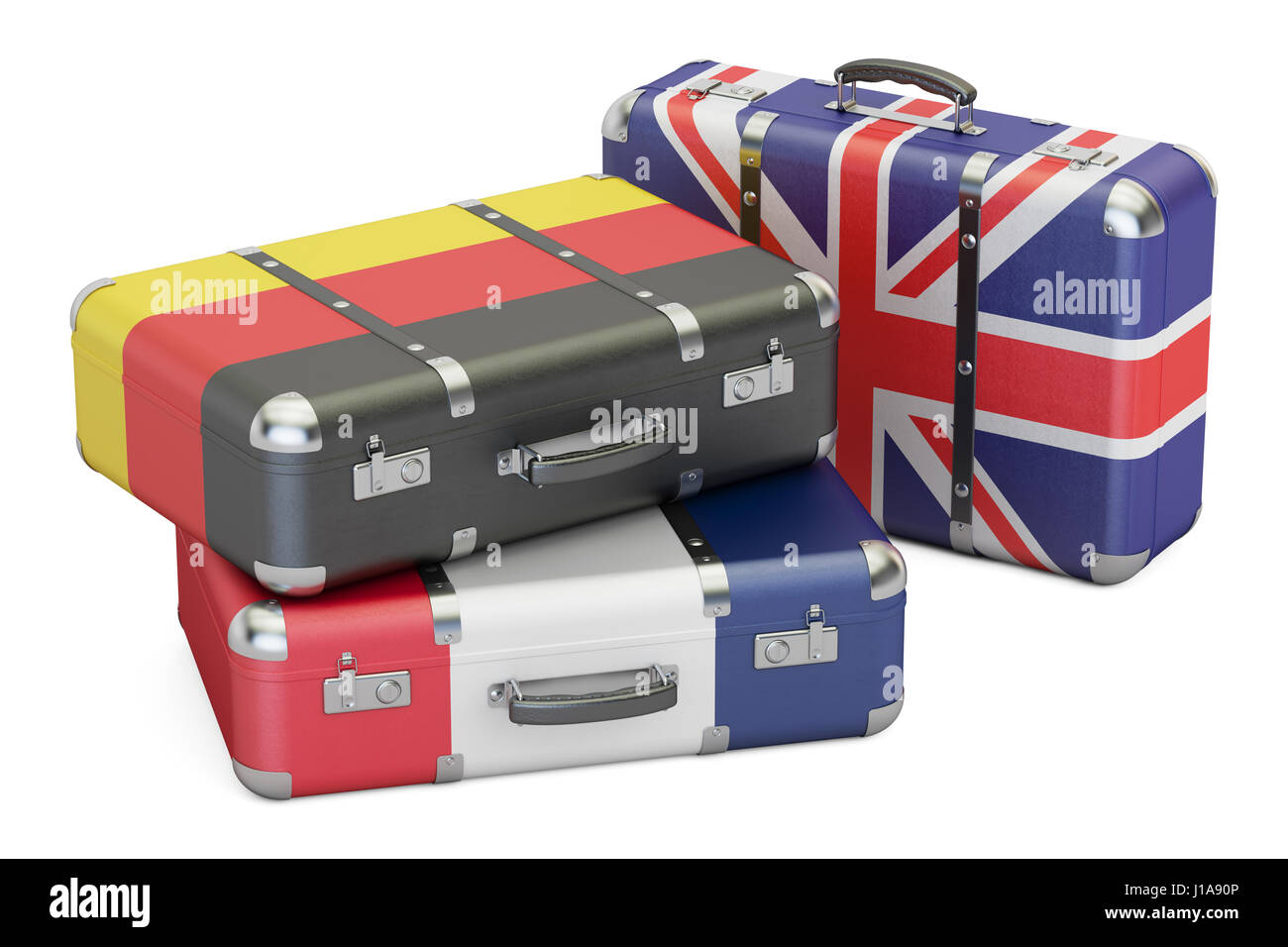 Viajar por Europa concepto, maletas con banderas de Reino Unido, Alemania y Francia. 3D rendering Foto de stock