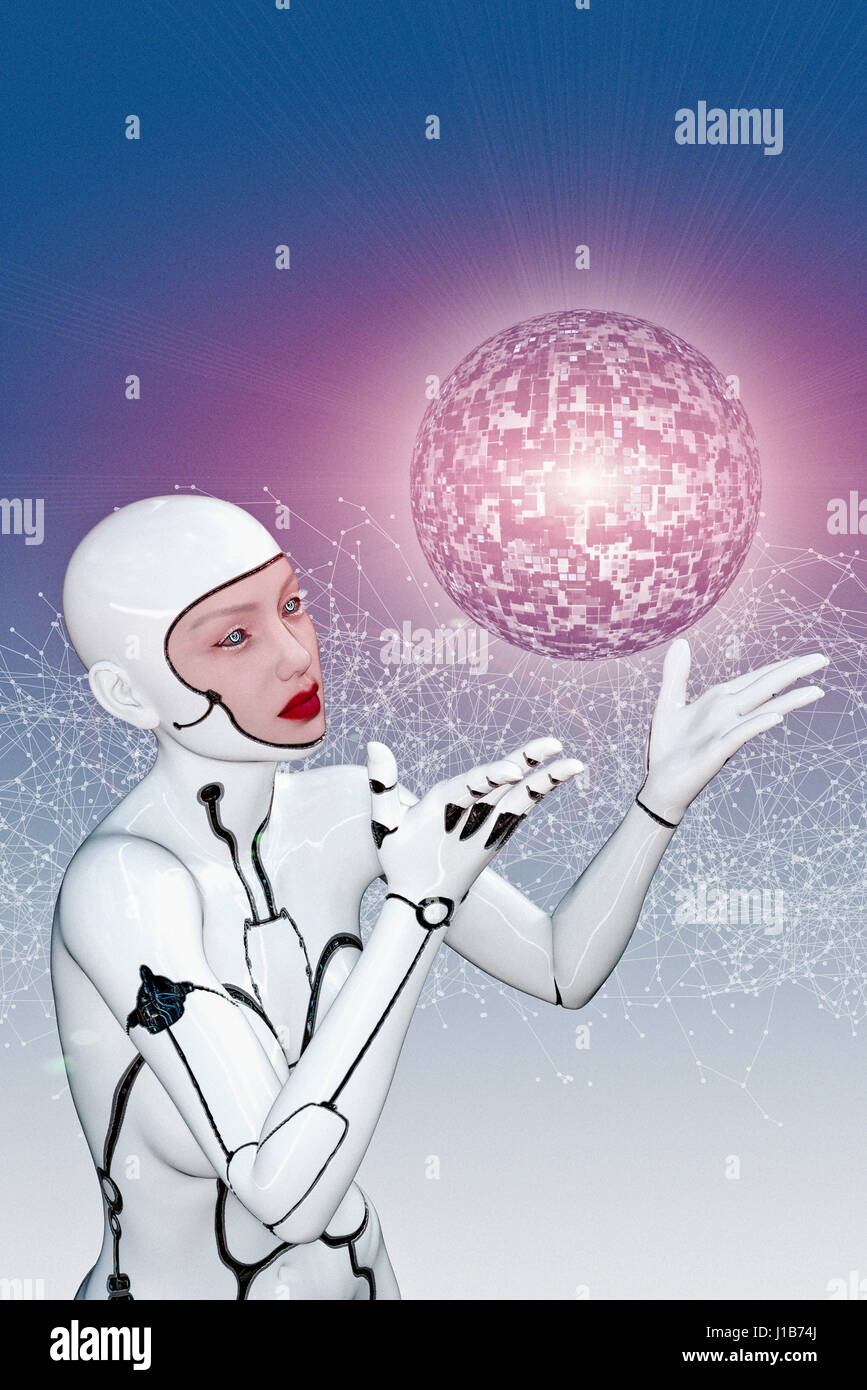 Hembra blanca cyborg viendo la esfera flotante Foto de stock
