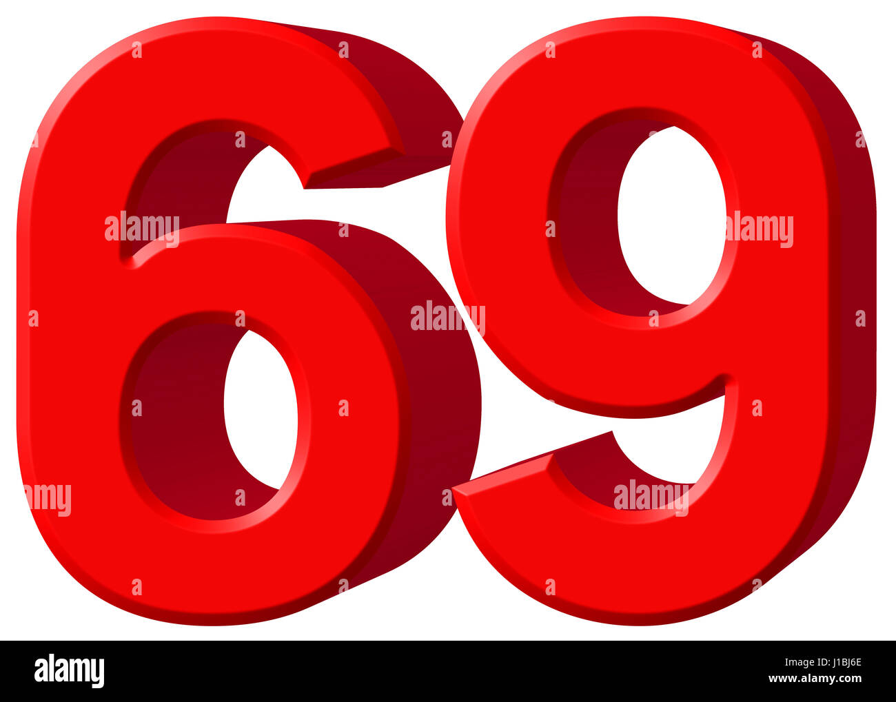 El numeral 69, sesenta y nueve, aislado sobre fondo blanco, 3D Render Foto de stock