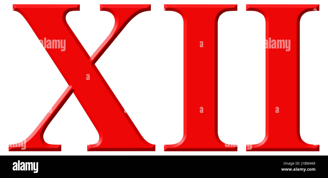 Número romano XII, duodecim, 12, 12, aislado sobre fondo blanco, 3D