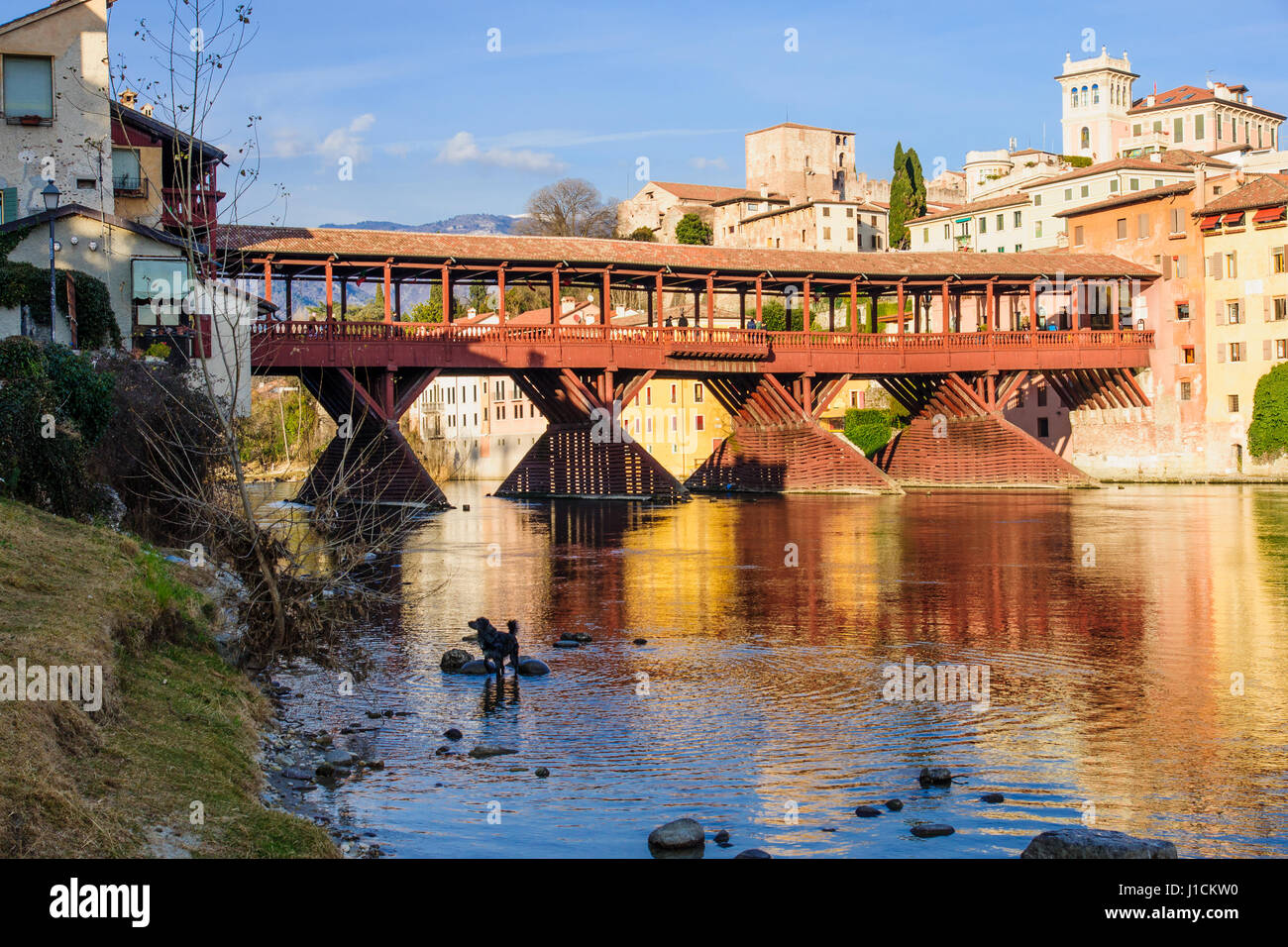 El Ponte Vecchio (o el Ponte degli Alpini) del puente y el río Brenta, en Bassano del Grappa, Veneto, Italia Foto de stock