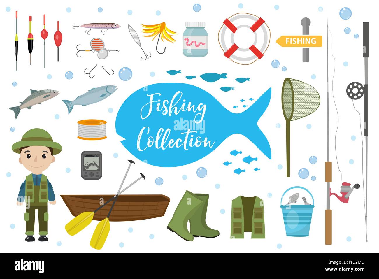 Conjunto de iconos de pesca, planas, estilo de dibujos animados. Objetos de  Colección de pesca, elementos de diseño aislado sobre fondo blanco.  Fisherman s herramientas con una caña de pescar, abordar, carnada
