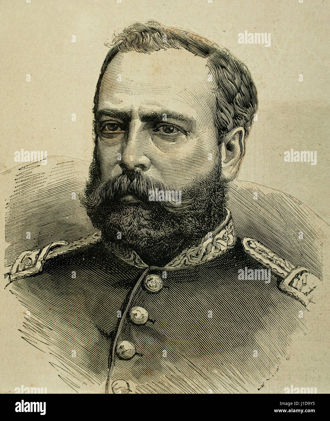 Mariano Ignacio Prado (1825-1901). El general del ejército peruano y presidente del Perú. Retrato. Grabado. Foto de stock