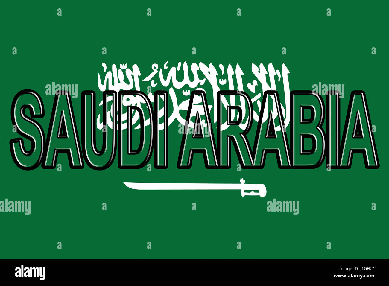 Ilustración de la bandera de Arabia Saudita con el país escrito en la bandera. Foto de stock