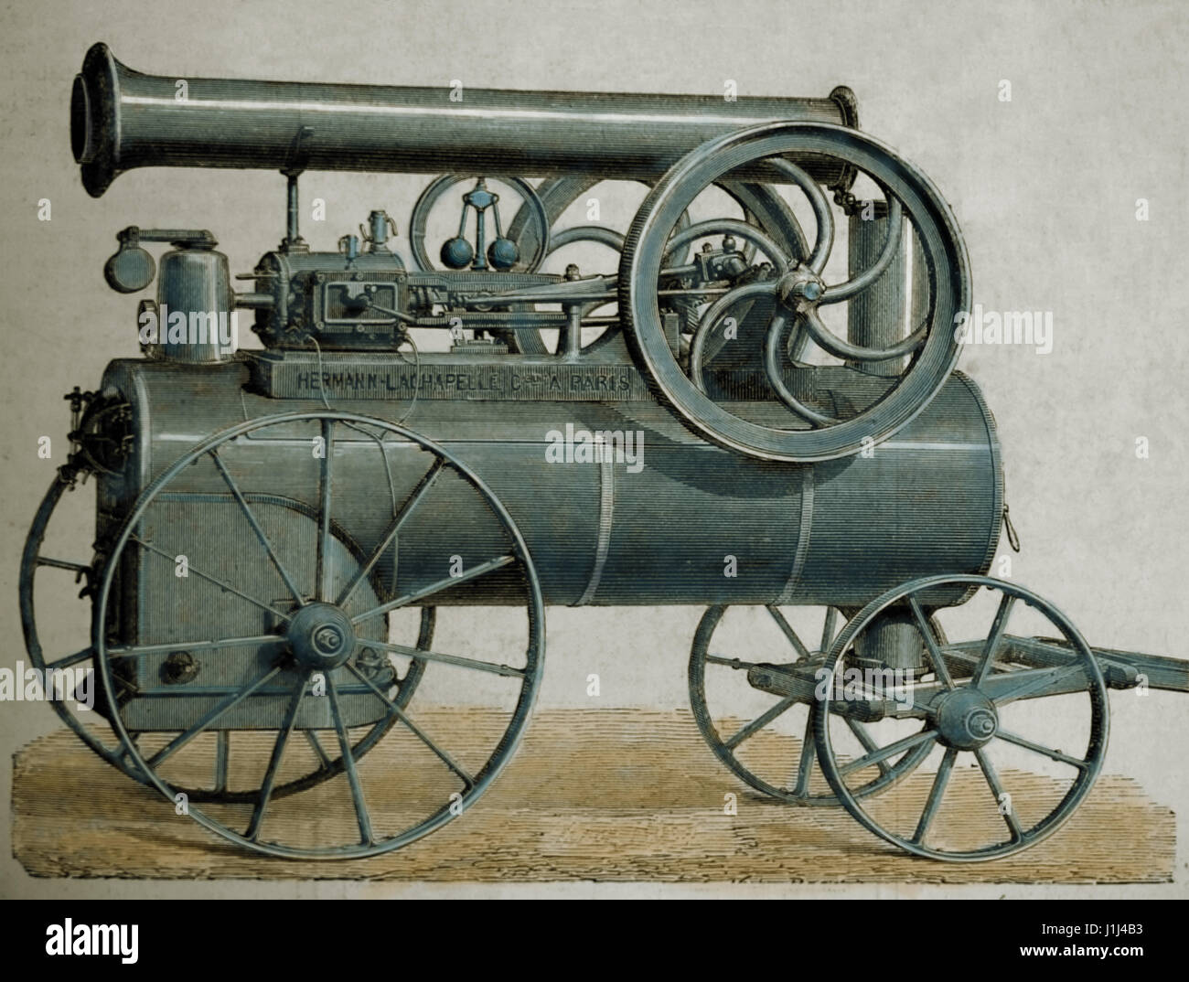 Locomotora de vapor horizontales sobre ruedas, construido por Hermann-Lachapelle. Grabado, 1875. La Ilustración española y americana. Edición en español. Foto de stock
