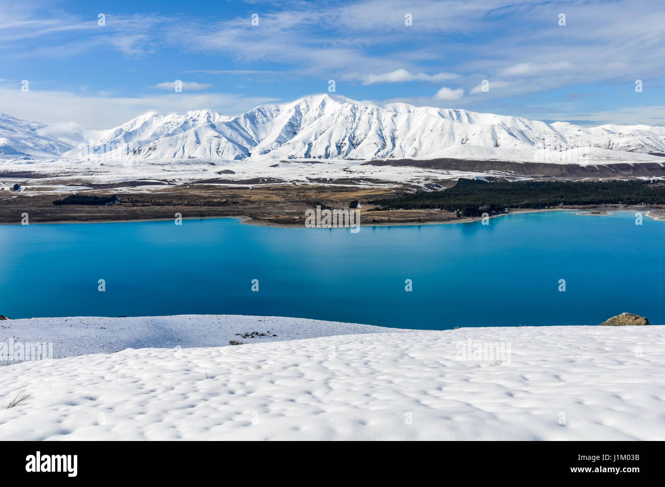 Vista panorámica del lago Tekapo, Isla Sur de Nueva Zelanda Foto de stock