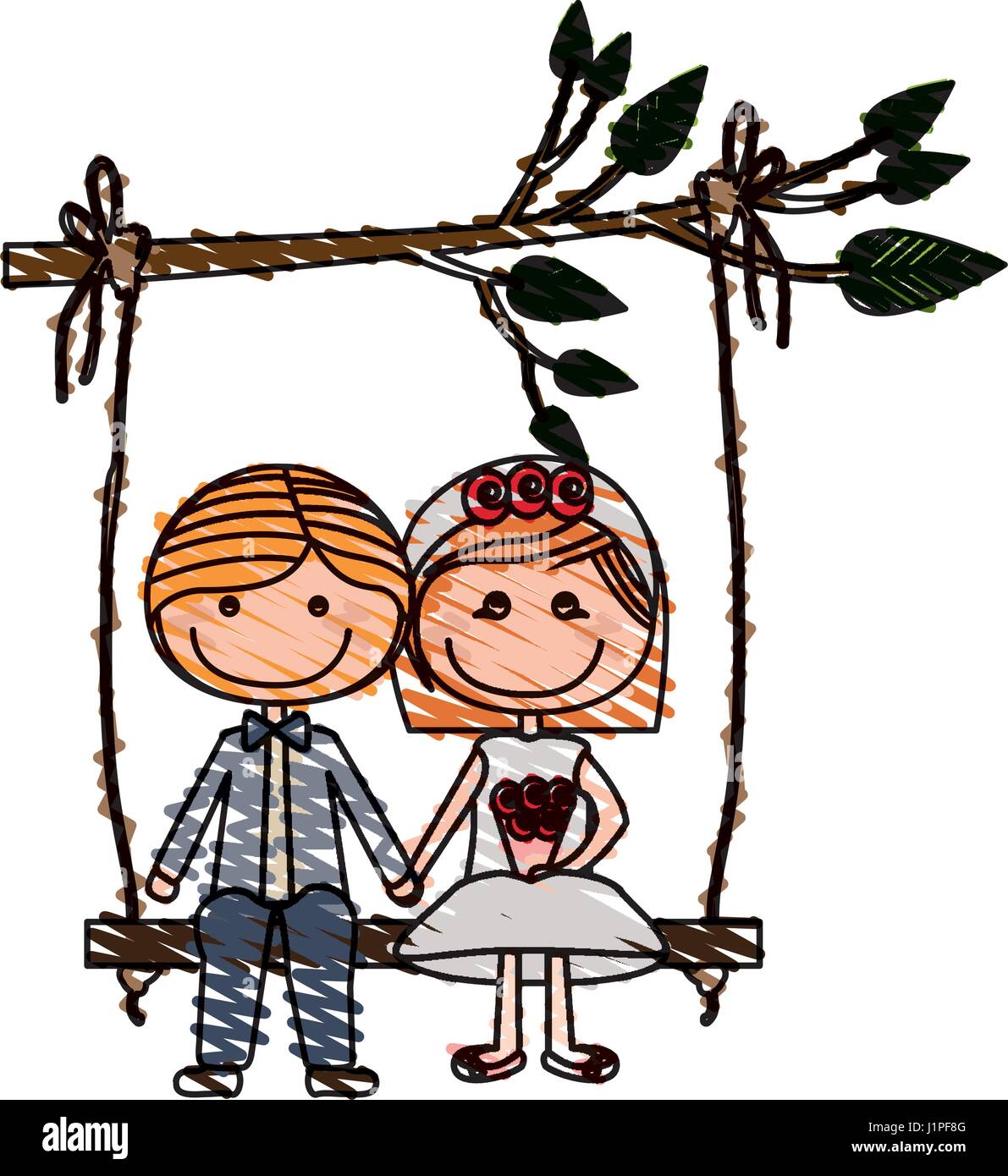 Dibujo a Lápiz de color de caricatura pareja enamorada sentarse en el  columpio colgado de una rama Imagen Vector de stock - Alamy