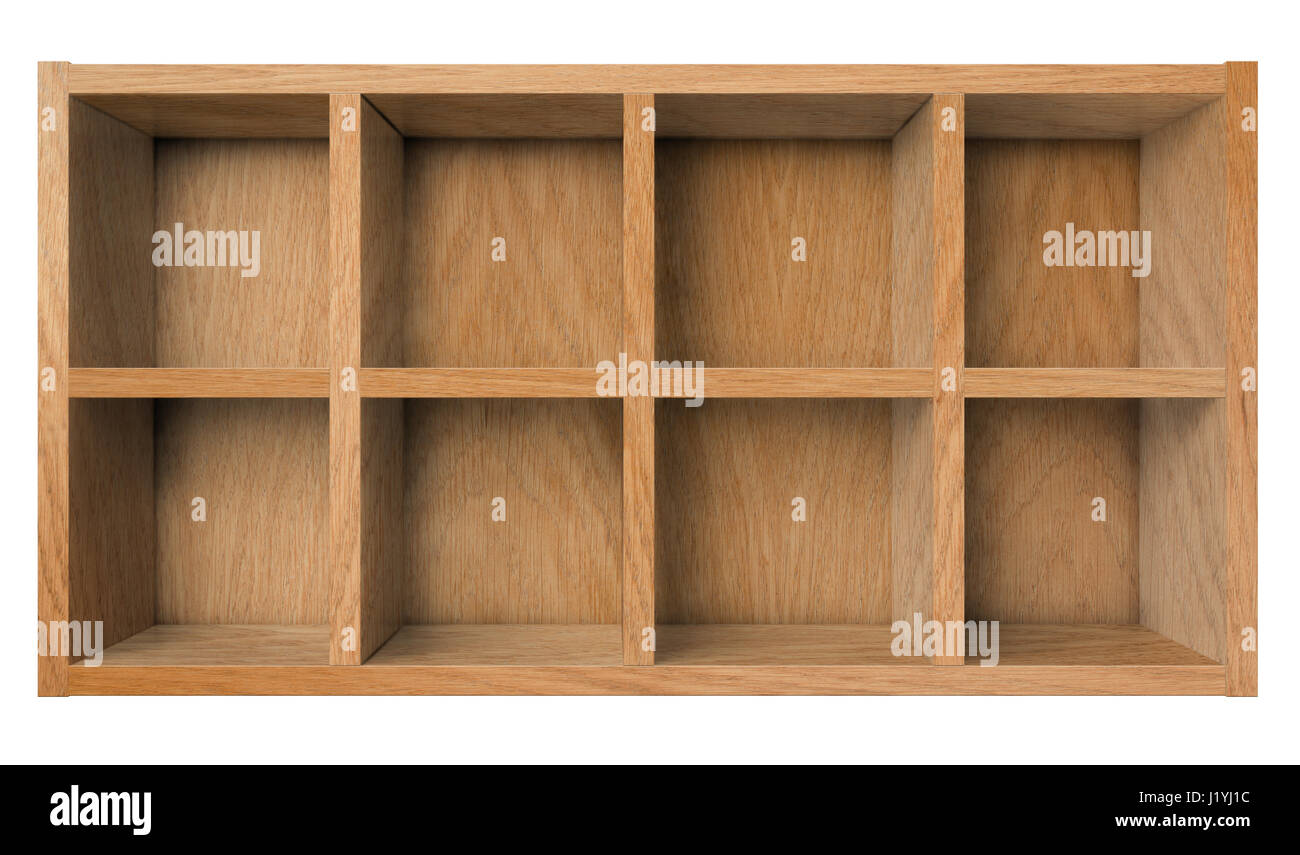 Estante de madera vacías o bookshelf aislado en blanco Foto de stock