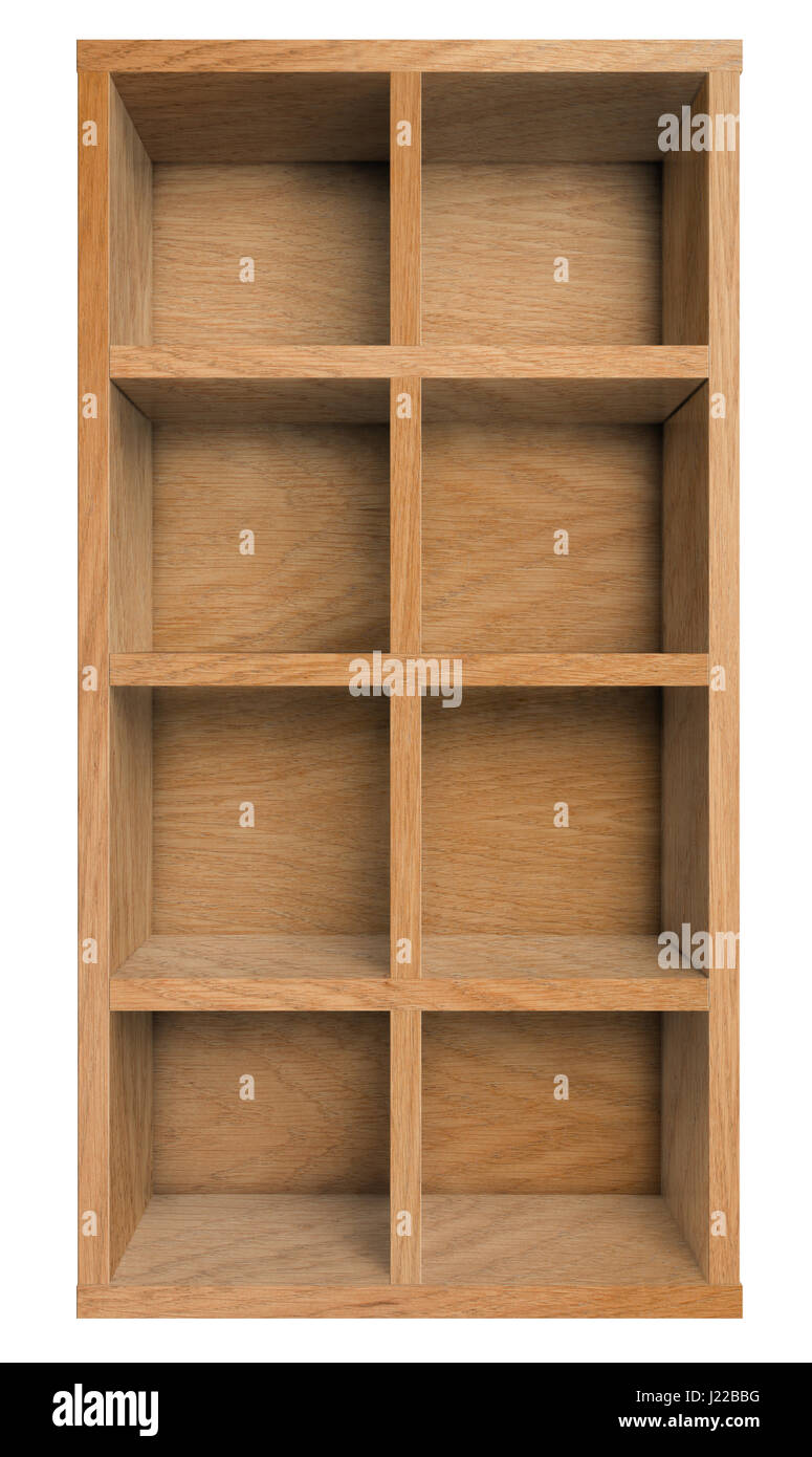 Estante de madera vacías, estantería o librería aislado en blanco Foto de stock