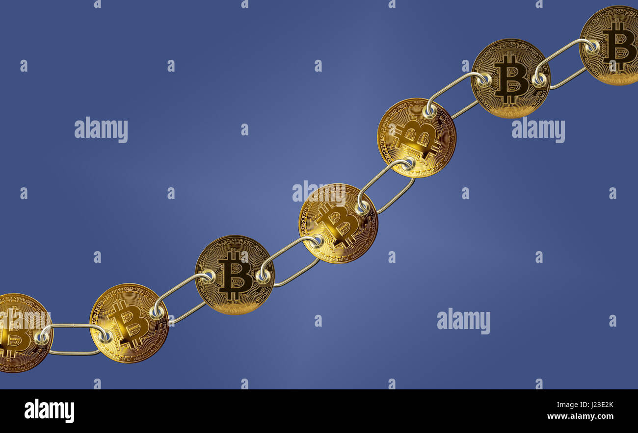Conjunto de oro bitcoins vinculado por cadena - concepto blockchain Bitcoin Foto de stock