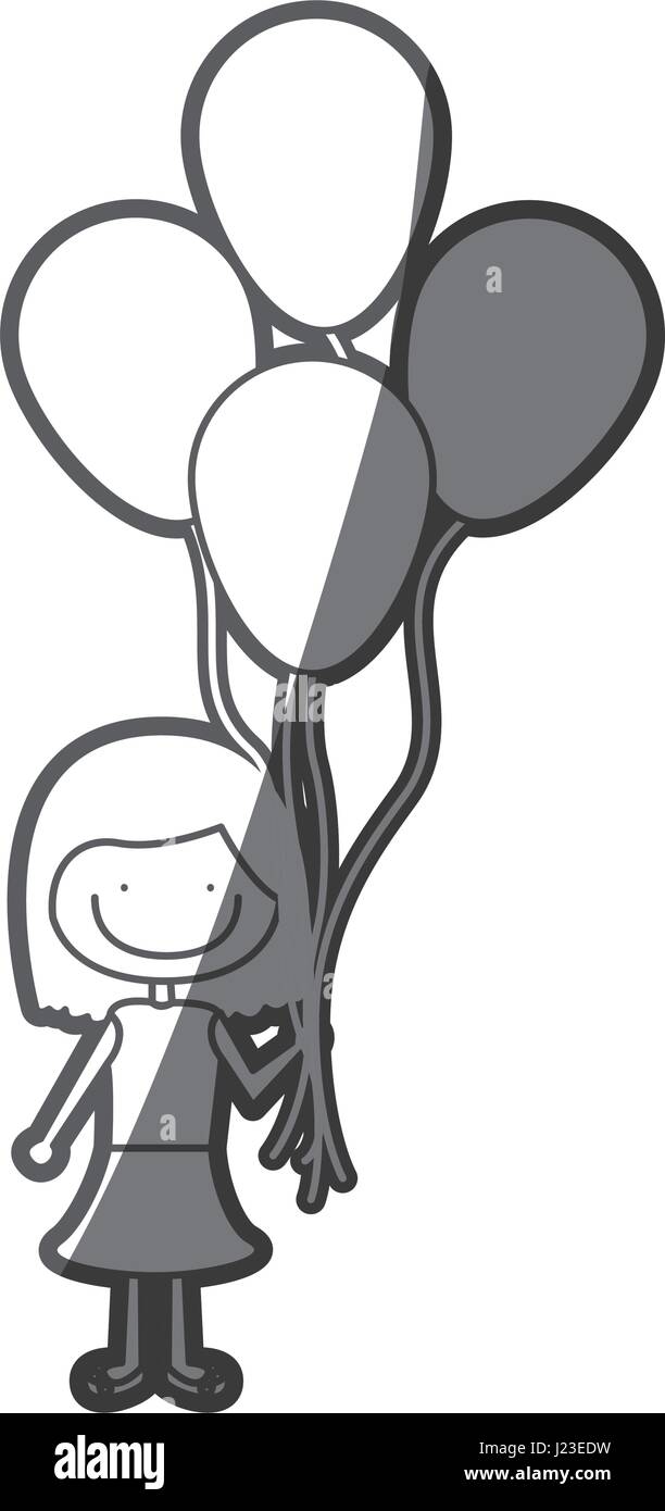 Silueta de escala de grises de la caricatura de niña sonriente con su vestido y el cabello corto y muchos globos Ilustración del Vector
