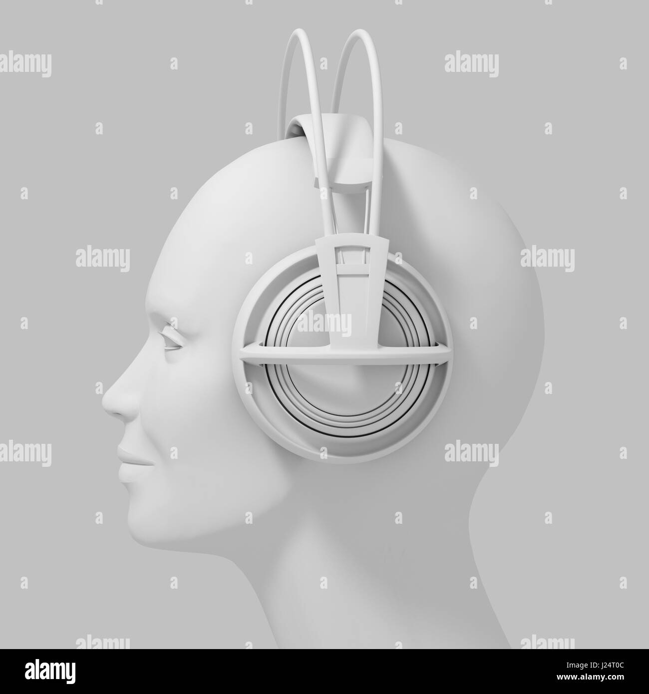 Cabeza de Mujer con auriculares sobre fondo blanco. Foto de stock
