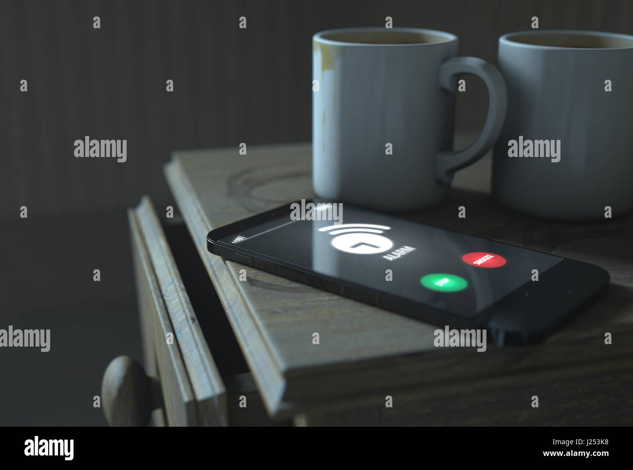 Un concepto de la vida real escena mostrando una mesa al lado de la cama sucia con tazas de café y un genérico iluminado smartphone con una alarma que suena en la noche - 3D Ren Foto de stock