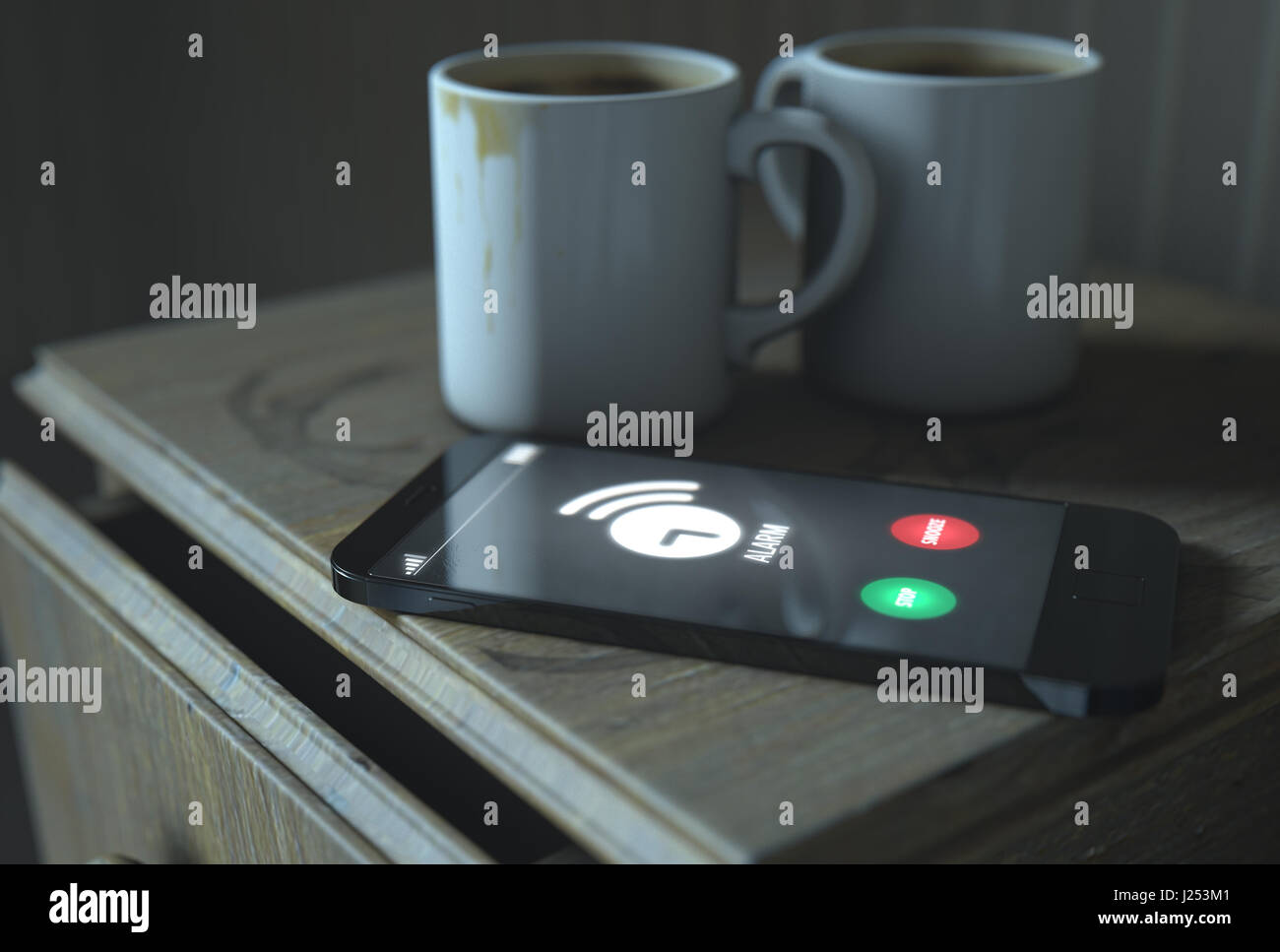 Un concepto de la vida real escena mostrando una mesa al lado de la cama sucia con tazas de café y un genérico smartphone iluminada con alguien llamando por la noche - 3D Rend Foto de stock