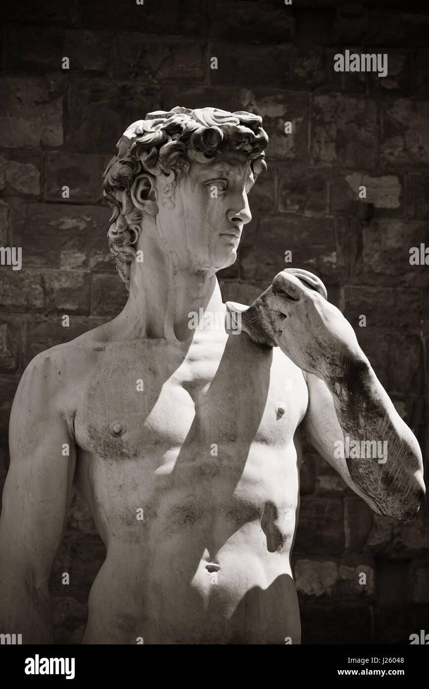 Duplicado del David de Miguel Ángel en el Palazzo Vecchio de Florencia, Italia. Foto de stock