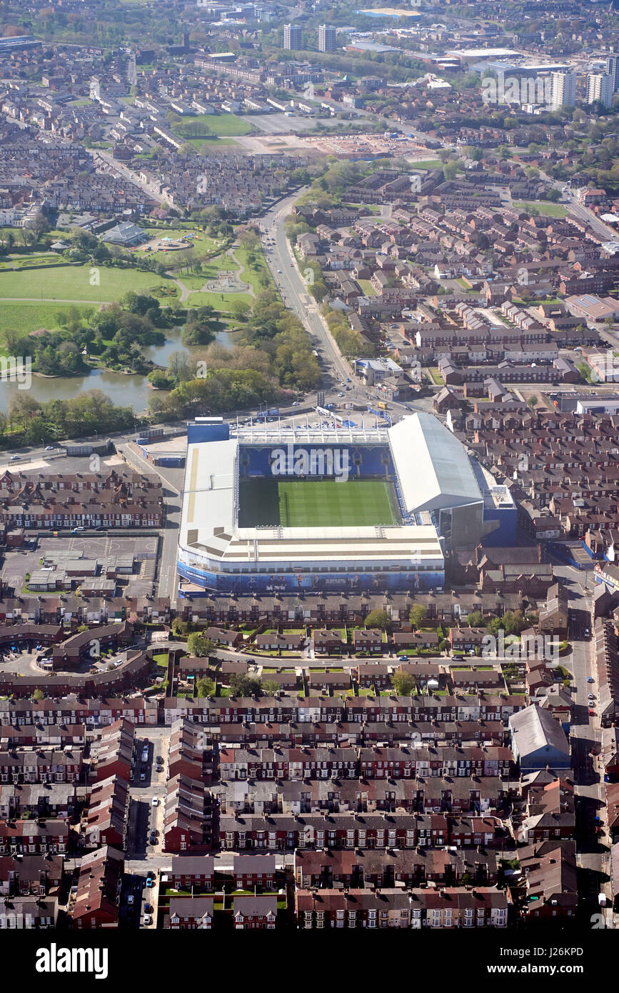 Una vista aérea de Goodison Park, Liverpool, hogar de Everton FC, Merseyside, REINO UNIDO Foto de stock