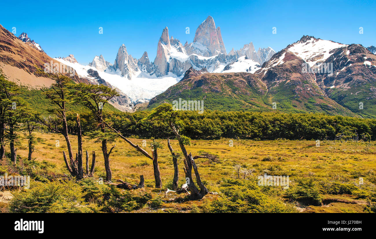Hermoso paisaje con el Monte Fitz Roy en el Parque Nacional Los Glaciares, Patagonia Argentina, Sudamérica Foto de stock