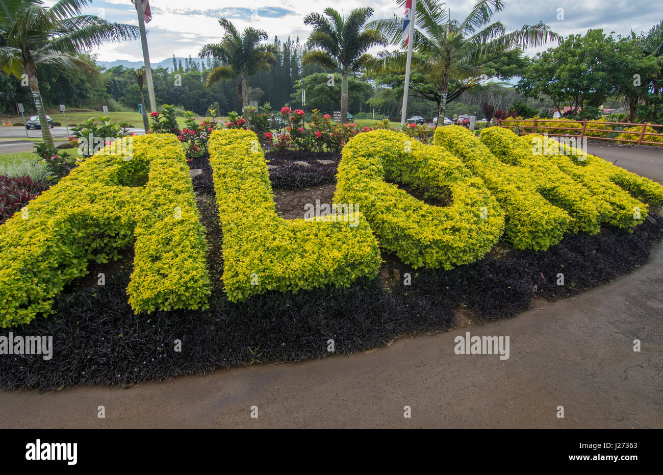 Cobertura de hierba Aloha Hawaii signo para todos los turistas y visitantes aquí en Kauai pero por doquier en Hawai Foto de stock