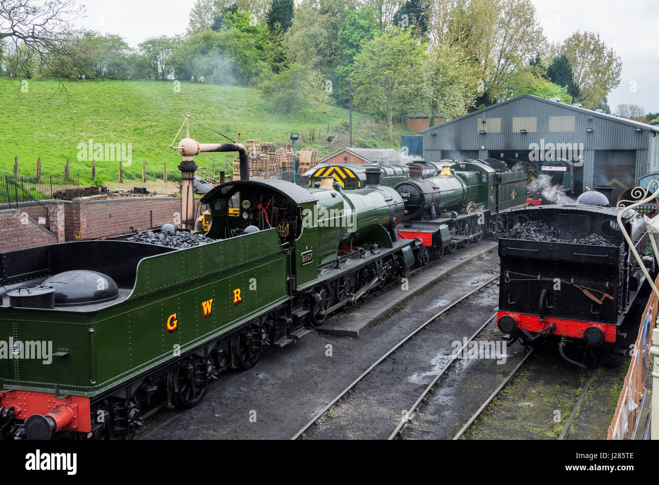 Los trenes a vapor en Bridgnorth railway station, Shropshire, West Midlands, Reino Unido. Severn Valley Railway. Foto de stock