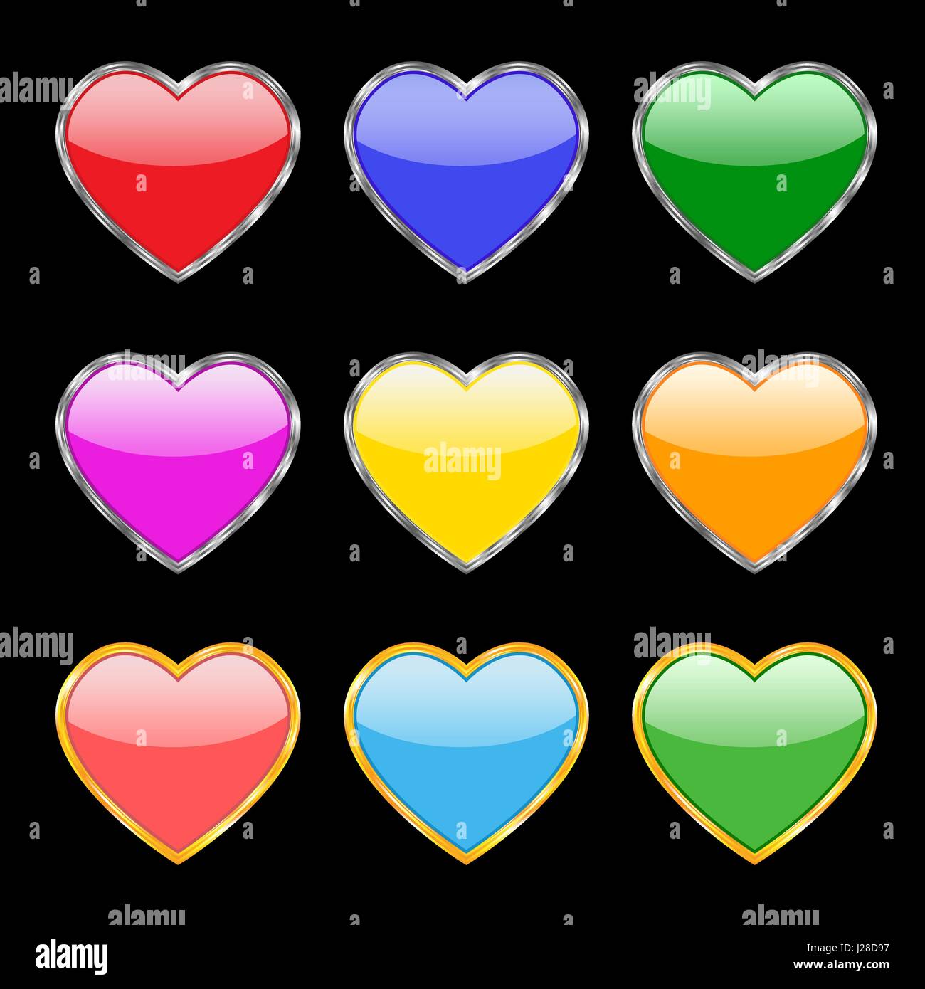 Un Conjunto De Nueve Botones En Forma De Corazones En Diferentes Colores Con Borde De Oro Y Plata Sobre Un Fondo Negro Imagen Vector De Stock Alamy