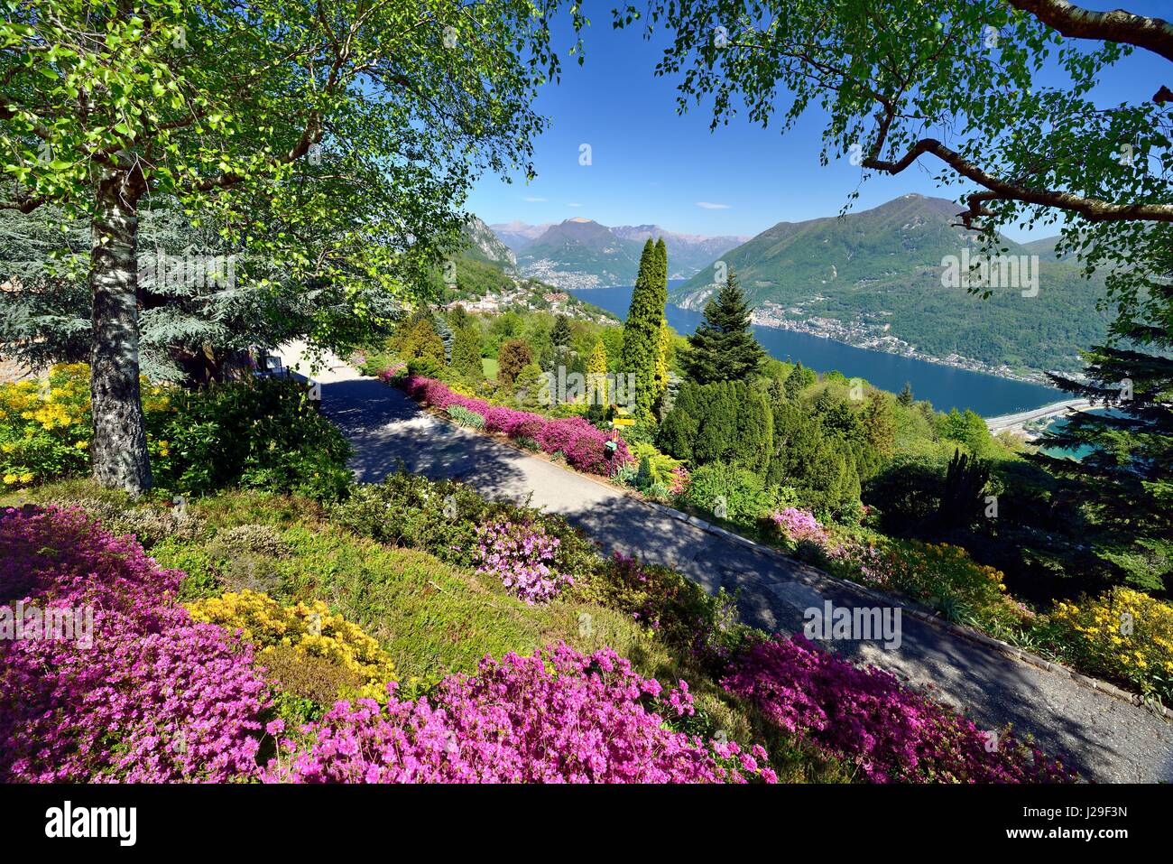 Vista desde el Parco San Grato en el lago de Lugano con el lago de la represa de Melide, Carona, en Lugano, en el cantón del Tesino, Suiza Foto de stock