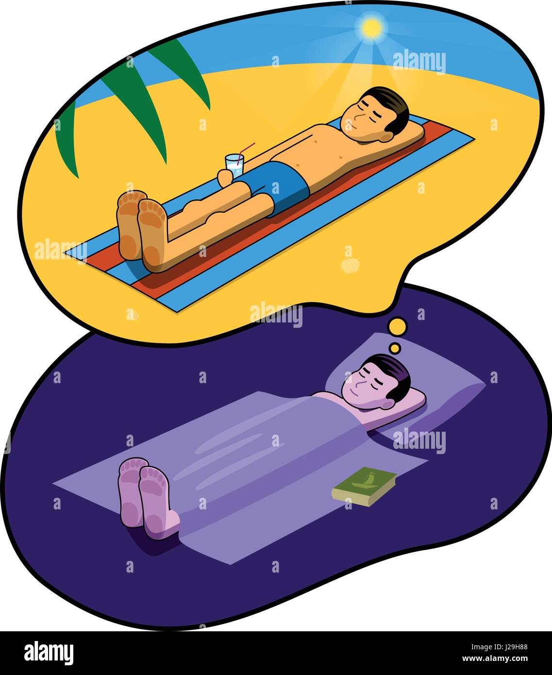El niño o el hombre de los sueños. Ilustración de una historieta Sueña con vacaciones o viajes Ilustración del Vector