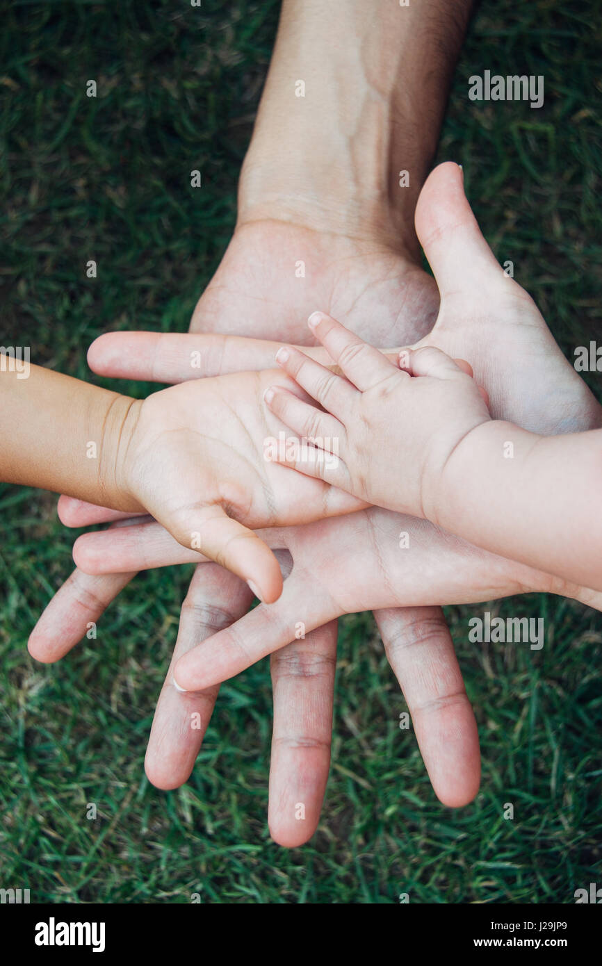 Cuatro Manos De La Familia Un Bebe Una Hija Una Madre Y Un Padre Concepto De Unidad Apoyo Proteccion Y Felicidad Fotografia De Stock Alamy