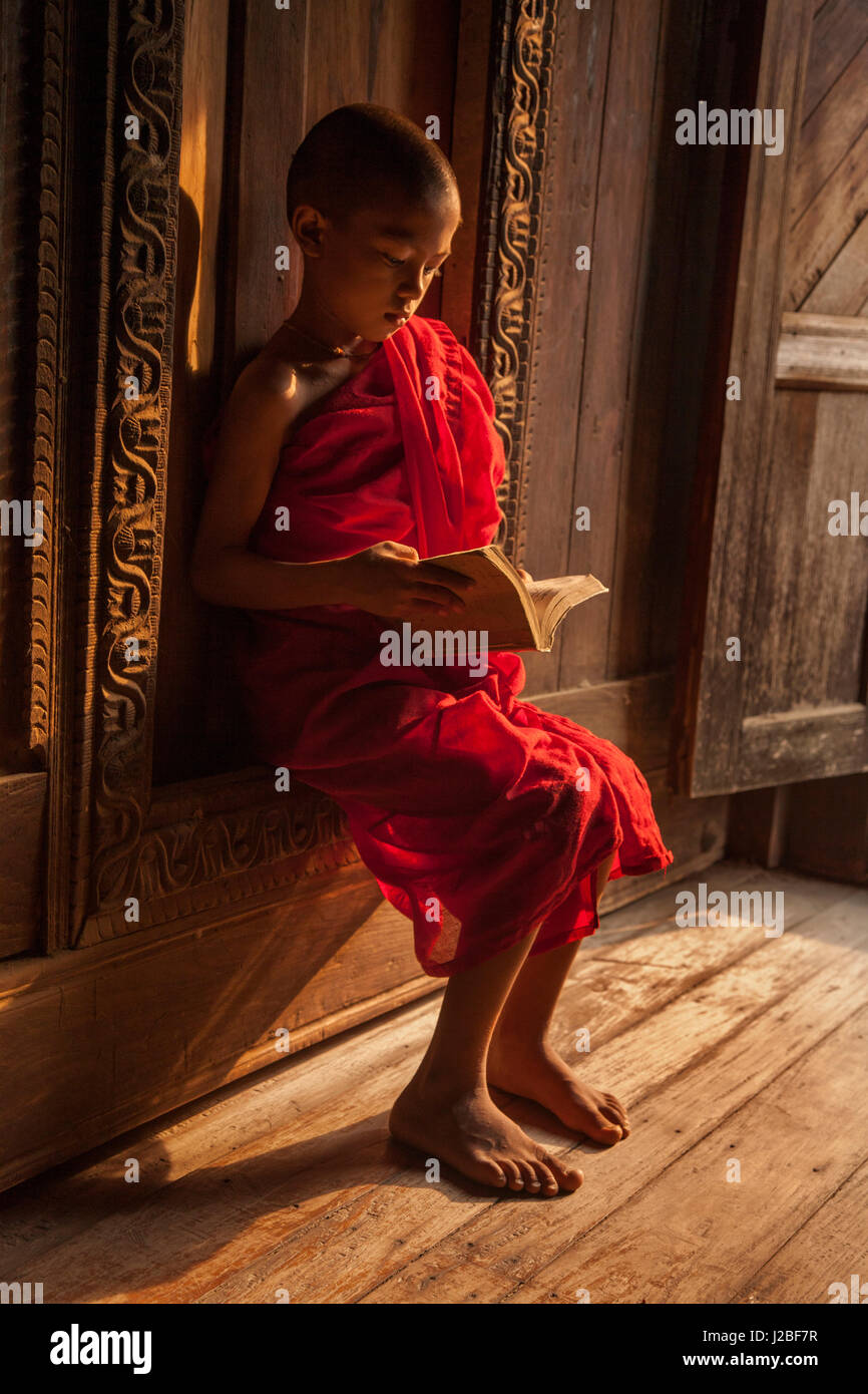 Myanmar, Mandalay. Monje novicio estudiando libro. Crédito: Jim Zuckerman / Galería / DanitaDelimont.com Jaynes Foto de stock