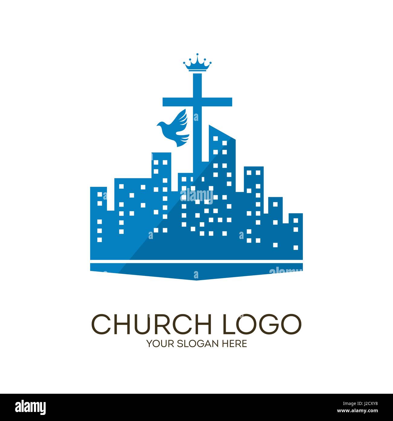 Logotipo de la Iglesia. Símbolos cristianos. Cruz, ciudad y paloma. Ilustración del Vector