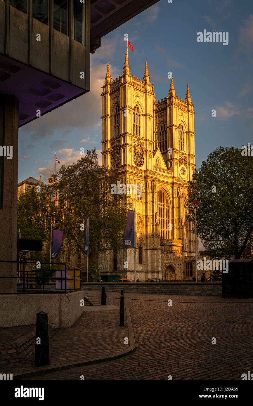 La Abadía de Westminster, iluminado por el sol, Londres, Inglaterra Foto de stock