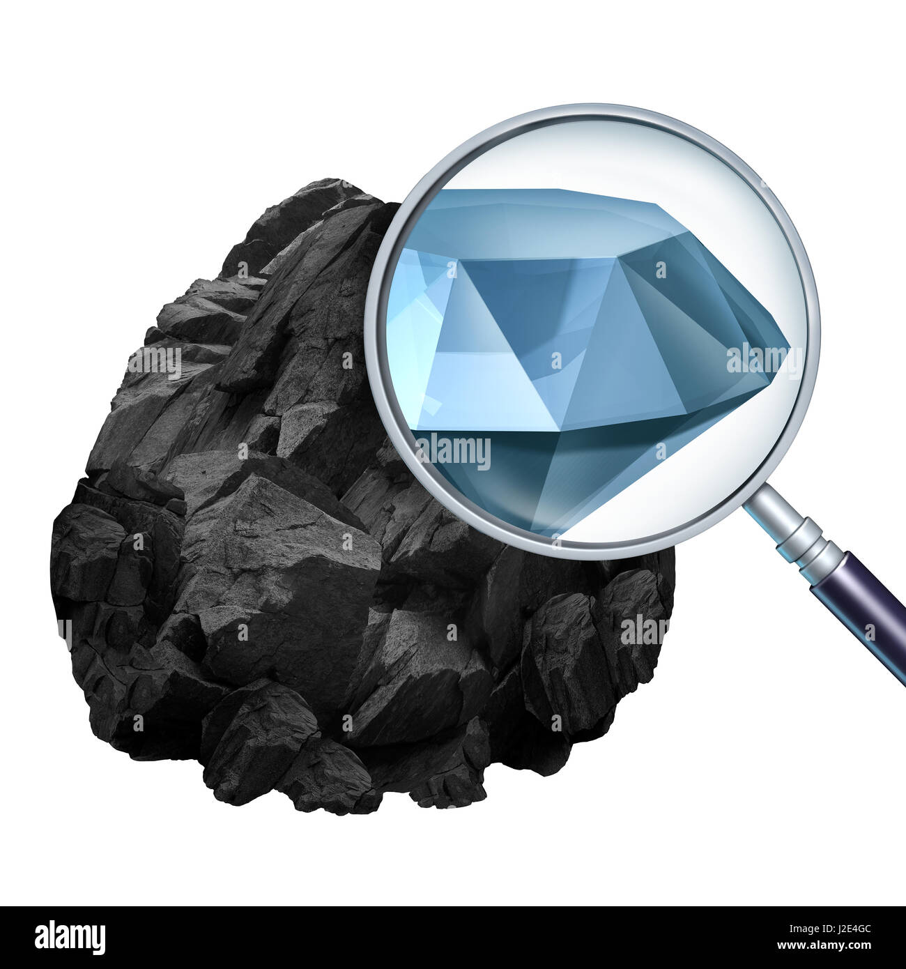 La búsqueda de valor y descubrir o encontrar valiosa oportunidad como una lupa examinando una roca y revelando un costoso diamante. Foto de stock