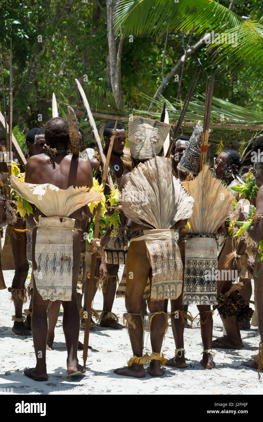 Melanesia, las Islas Salomón, la Isla Santa Cruz, Isla del grupo malo.  Pueblo de hombres en trajes nativos, hojas de palma y paño de tapas,  realizando la danza folklórica tradicional Fotografía de