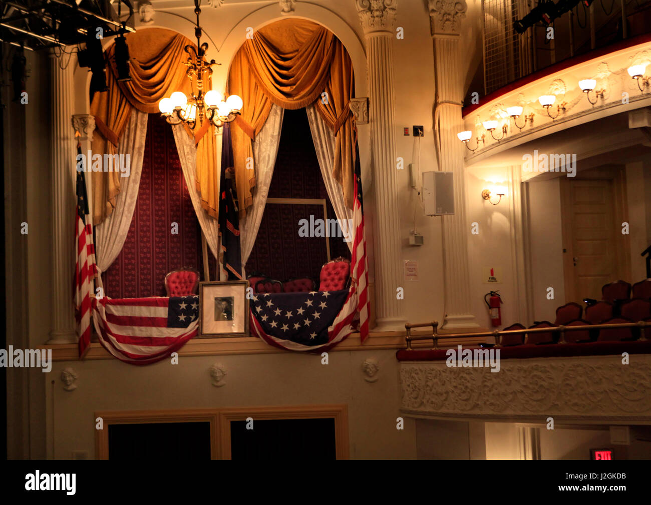 El palco presidencial donde John Wilkes Booth disparó el Presidente Lincoln en el Teatro Ford en Washington, D.C. Foto de stock