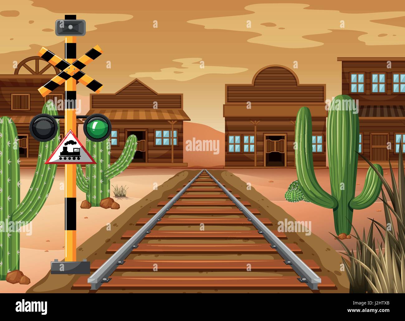 Escena con la vía del tren en la ciudad occidental ilustración Ilustración del Vector