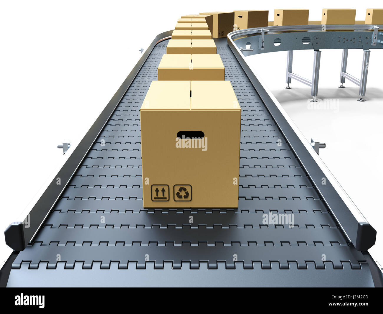 Cinta transportadora de cajas de cartón sobre fondo blanco 3D rendering  Fotografía de stock - Alamy