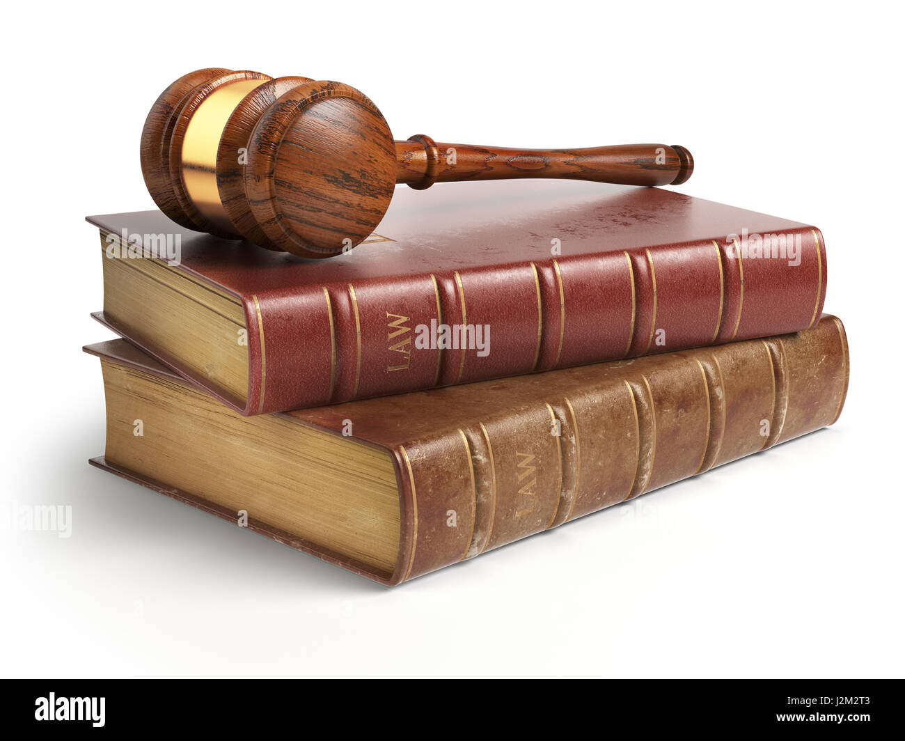 Martillo y abogado libros aislado en blanco. La justicia, el derecho y el concepto jurídico. Ilustración 3d Foto de stock