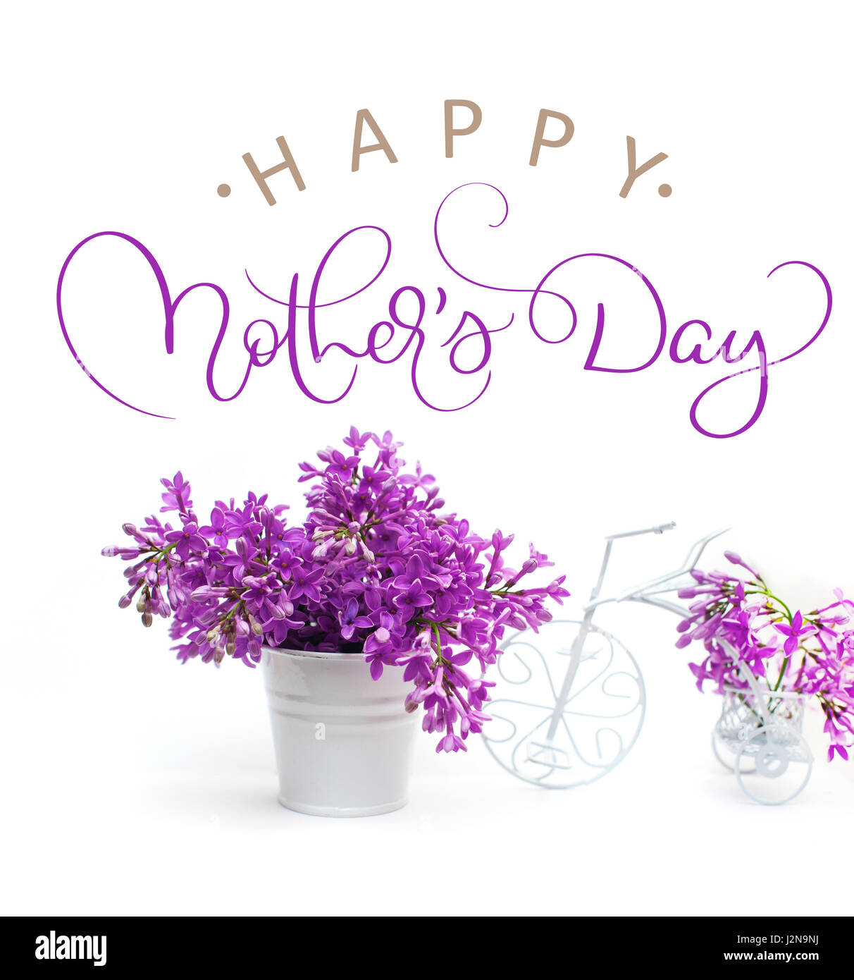 Flores de color lila sobre un fondo blanco decorado con pequeños bike y texto feliz día de las madres. Rotulación de caligrafía dibujar a mano Foto de stock