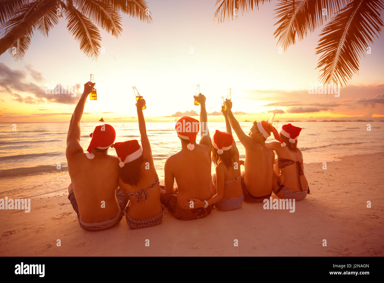 Vista posterior del grupo las personas con manos levantadas sosteniendo una botella de cerveza en la playa, durante las vacaciones de Navidad Foto de stock