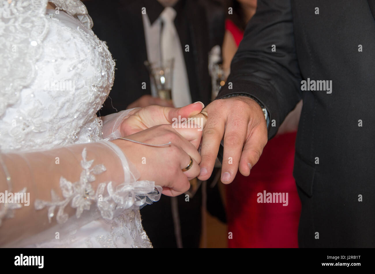 Los recién casados. Novia pone un anillo de bodas en el novio. Manos de recién casados y anillos de boda. El compromiso, la felicidad y el amor Foto de stock